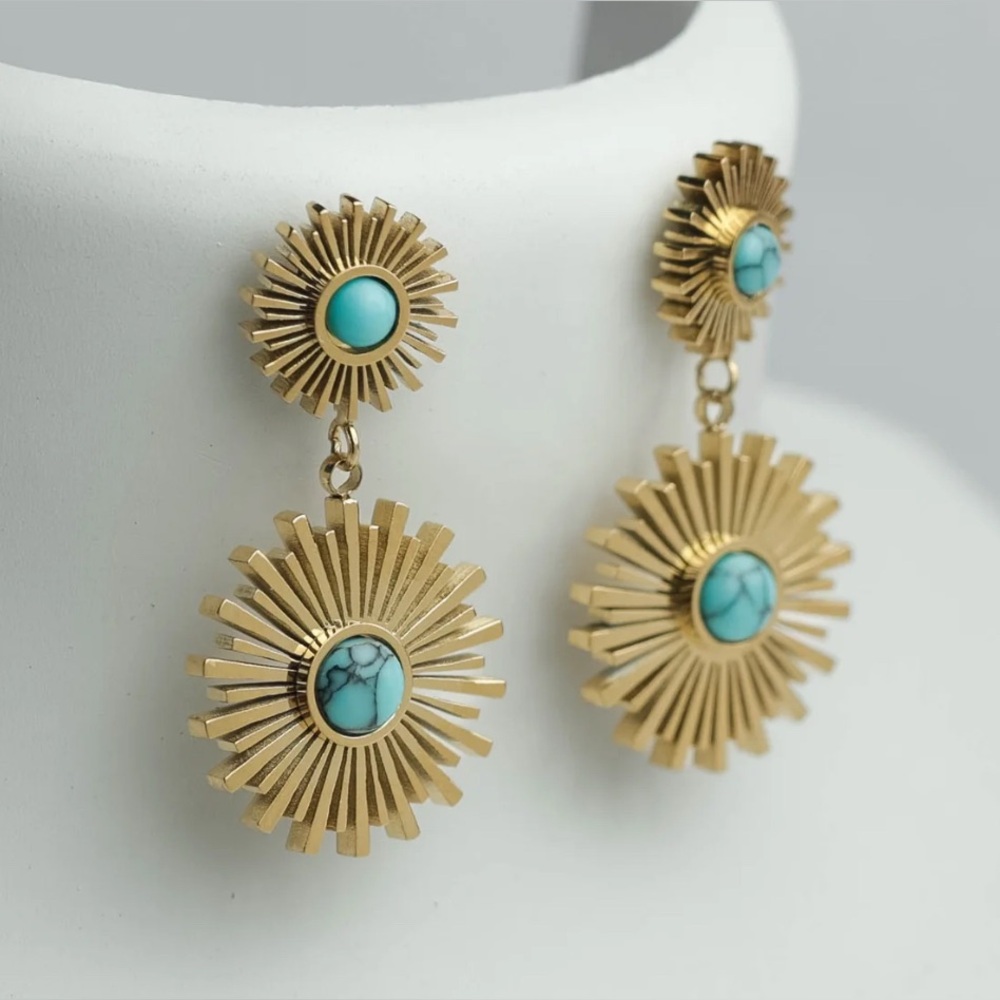 Gold and Blue Sunburst Dangle Earrings